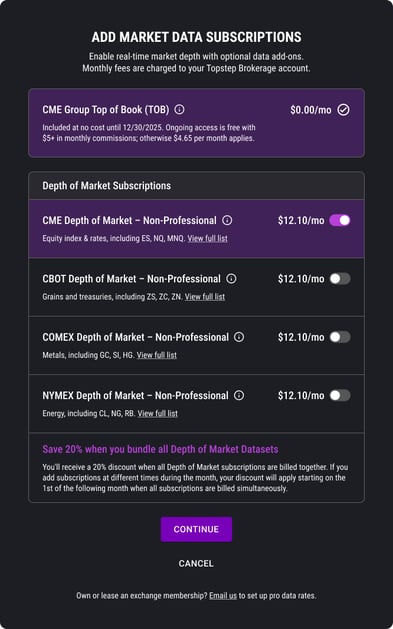 Adding depth of market subscriptions.